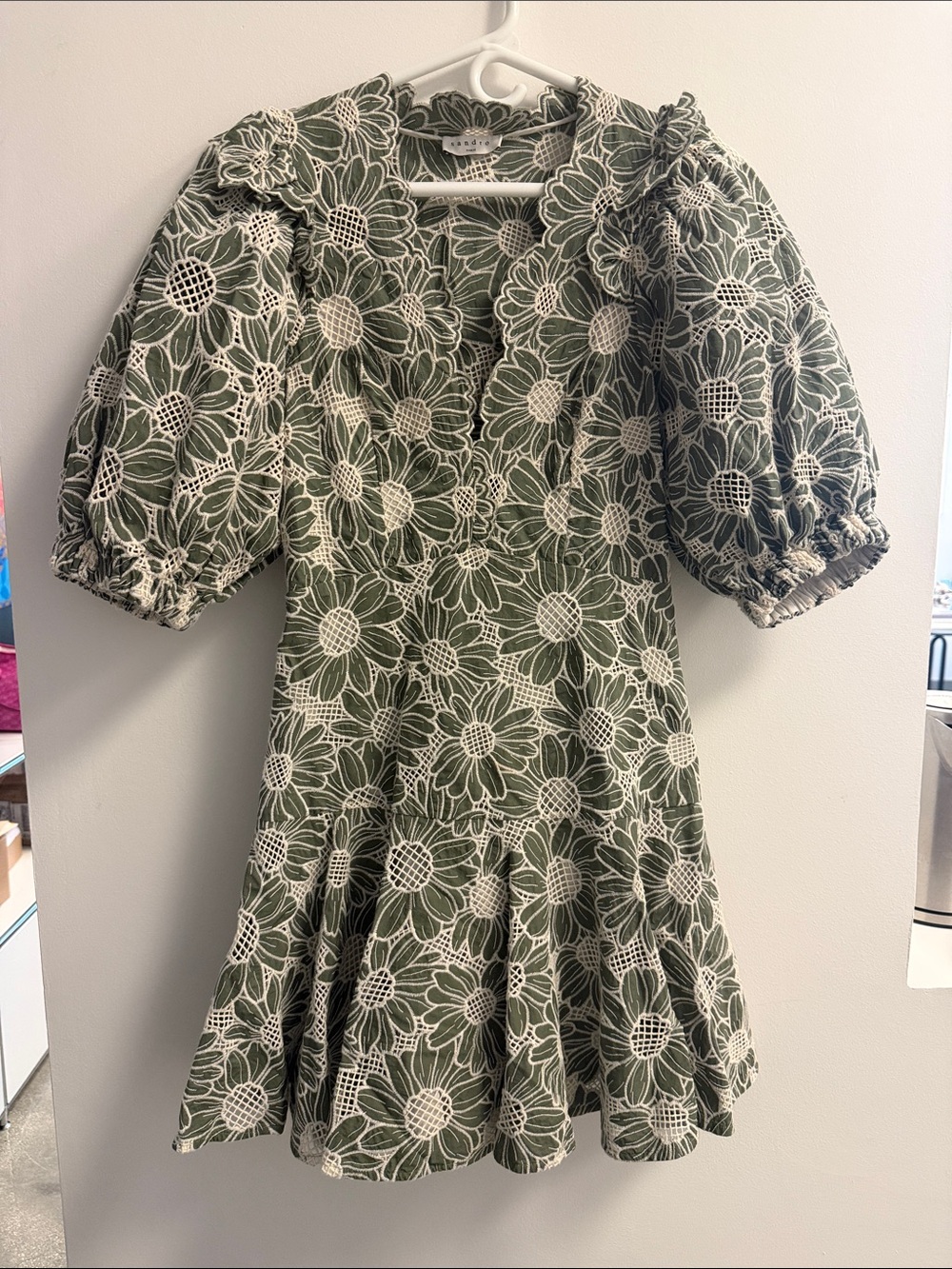 Sandro Olive Green and White Floral Puff-Sleeve Dress